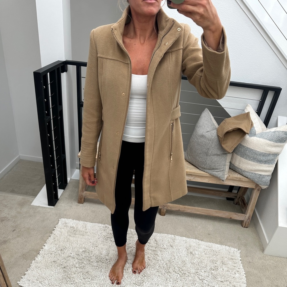 Vince Camuto Wool Blend Coat Camel Hooded Zip Up Jacket Chic Fall Winter Size XS - Picture 3 of 15